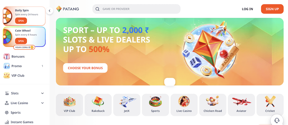 The Patang Casino homepage banner displaying a "Sports - Up to 2,000 ₹" and "Slots & Live Dealers Up to 500%" welcome offer with a colorful kite and gaming icons.