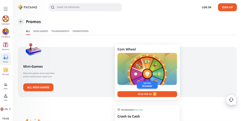 The "Promos" page at Patang Casino highlighting "Mini-Games" and a "Coin Wheel" feature where players can spin for prizes like a scooter or cash.