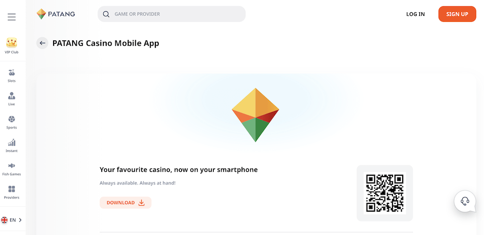 The mobile app download page on the Patang Casino website, featuring a QR code and a "Download" button f