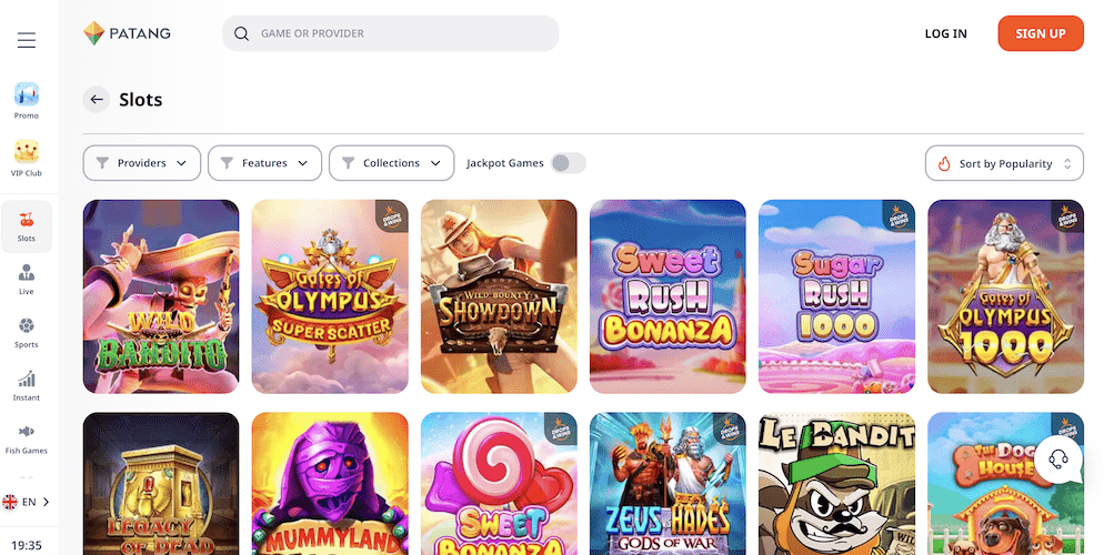 A grid of colorful slot game thumbnails at Patang Casino, including popular titles like Gates of Olympus, Sweet Bonanza, and Sugar Rush 1000.