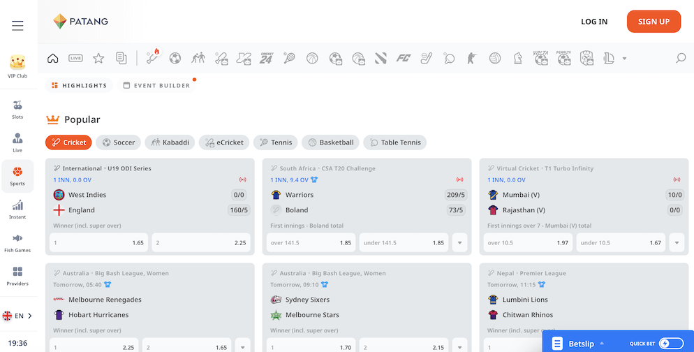 The Patang Casino sportsbook interface showing live odds for international cricket matches, including West Indies vs. England and T20 challenges.