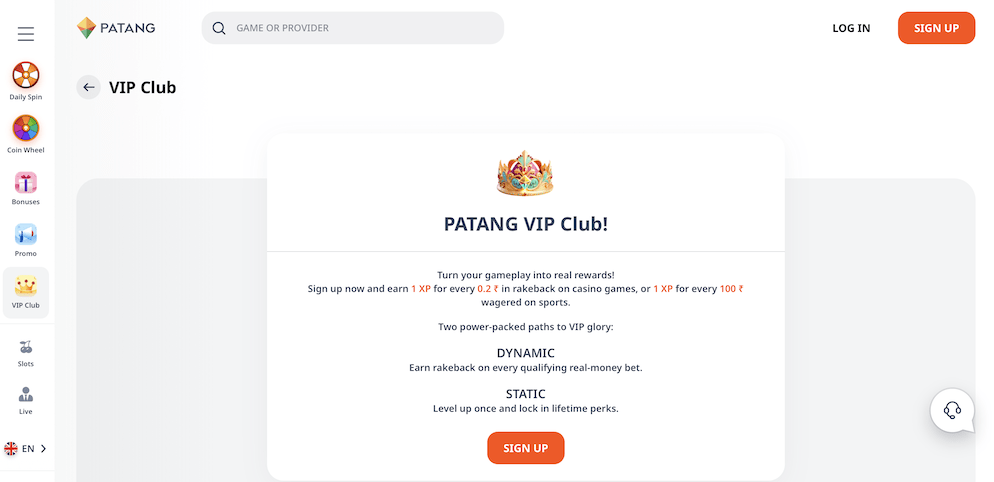 The Patang Casino VIP Club page explaining the "Dynamic" and "Static" paths to rewards, offering XP for every wager on casino and sports.