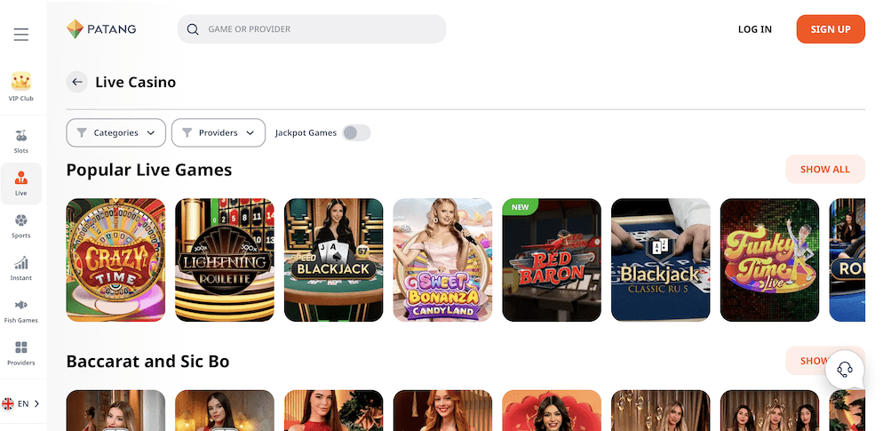 The Live Casino lobby at Patang showing popular game thumbnails like Crazy Time, Lightning Roulette, Speed Blackjack, and Sweet Bonanza CandyLand.