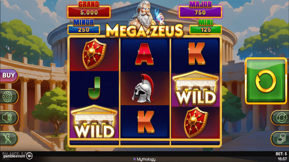 A screenshot of the Mega Zeus Hold & Hit 3x3 slot game by Spinomenal, showing the 3x3 reels with Wild symbols, mythological icons, and jackpot indicators.