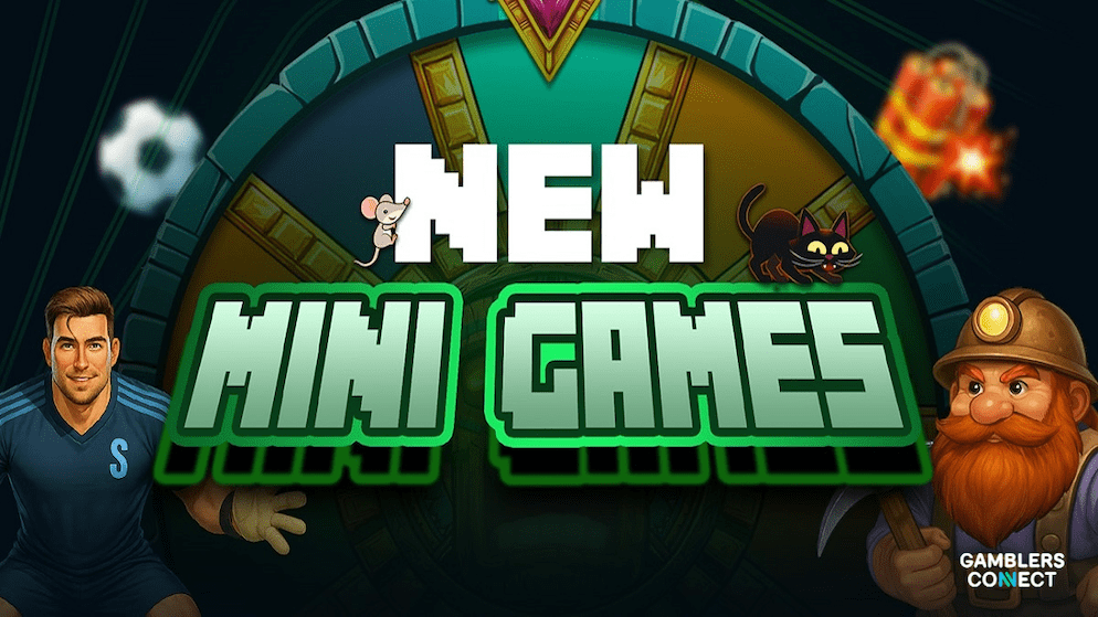 Promotional artwork for Stakelogic's new mini games suite, showcasing characters from titles like Golden Kick and Mouse on the Run.