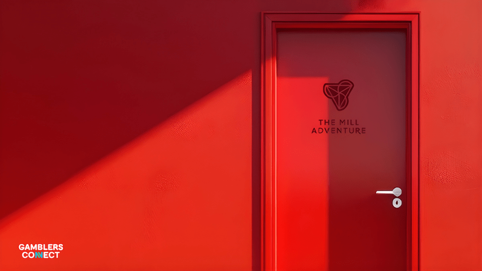 Close-up of The Mill Adventure logo on a red door, representing the strategic appointment of Cristina Grigore as Chief of Staff to support global scaling.