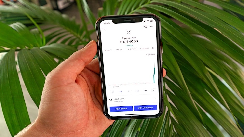A hand holding a smartphone displaying the XRP price chart and ticker on a trading app, set against a green leafy background, representing retail investment and market monitoring.