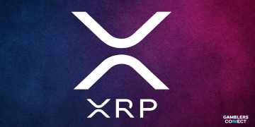 The white XRP "X" logo displayed prominently against a textured background splitting deep blue and magenta, representing the digital asset's brand identity.
