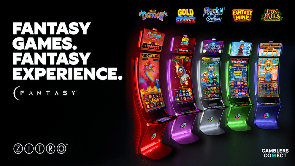 A collage graphic showcasing the logos and characters from the five new Zitro games: Gold Space, Brave Dragon, Lion Falls, Fantasy Mine, and Rock N' Raccoons.