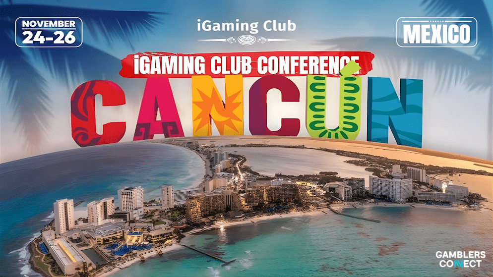A wide-angle graphic showing the event dates, location, and branding for the iGaming Club Conference in Cancun, Mexico.