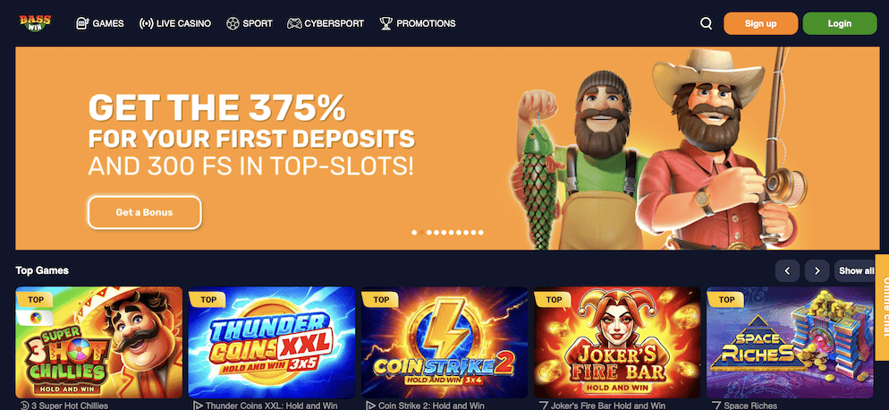 The Bass Win Casino logo with a fishing theme, displaying "Casino & Sportsbook UK & International" and payment methods.