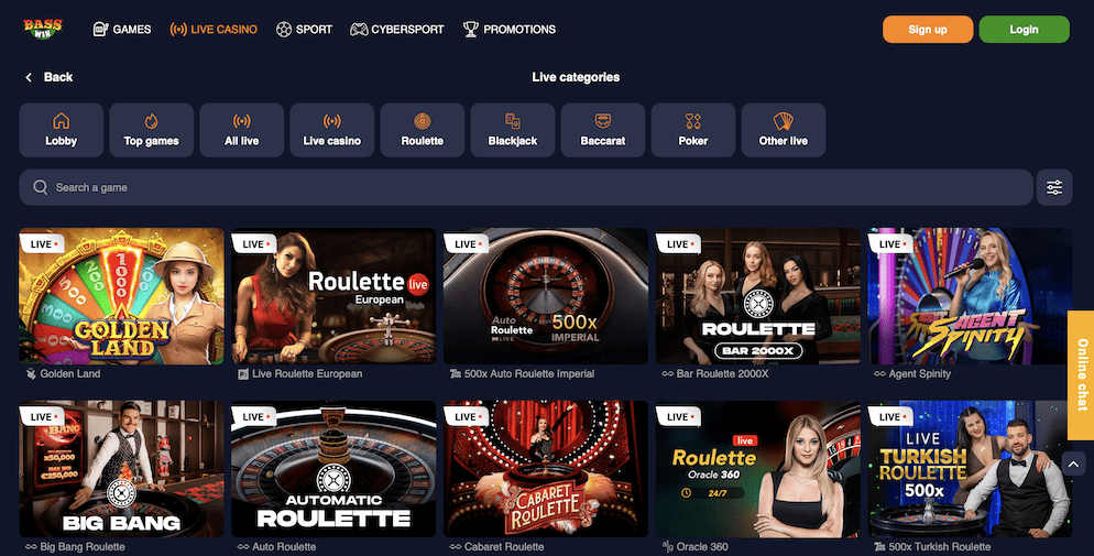 Screenshot of the Bass Win Casino live casino lobby, showing various live dealer games like roulette, blackjack, and game shows.