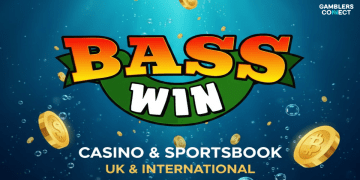 The Bass Win Casino logo with a fishing theme, displaying "Casino & Sportsbook UK & International" and payment methods.