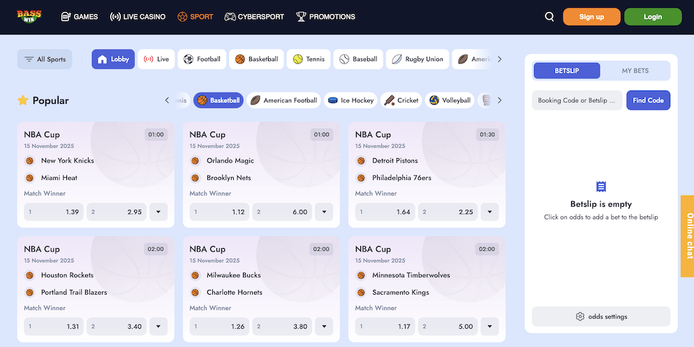 Screenshot of the Bass Win Casino sportsbook interface, displaying NBA Cup basketball betting markets.