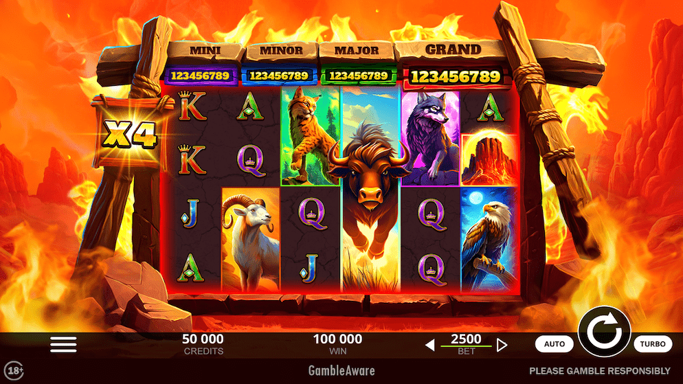 A screenshot of the Big Wild Buffalo 2 slot interface during "Hot Mode," showing the 6x4 grid filled with animal symbols and a promin