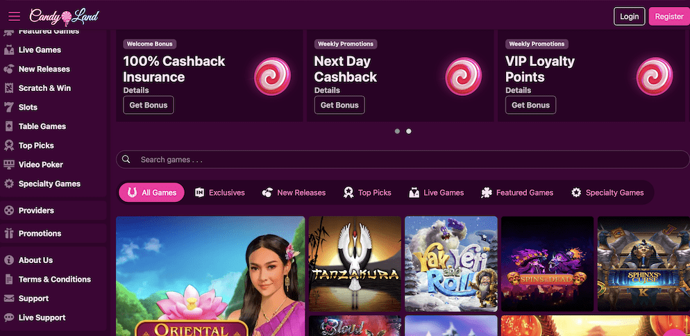 Screenshot of the Candyland Casino homepage showing the welcome bonus offers: 100% Cashback Insurance, Next Day Cashback, and VIP Loyalty Points, with a side menu of game categories.