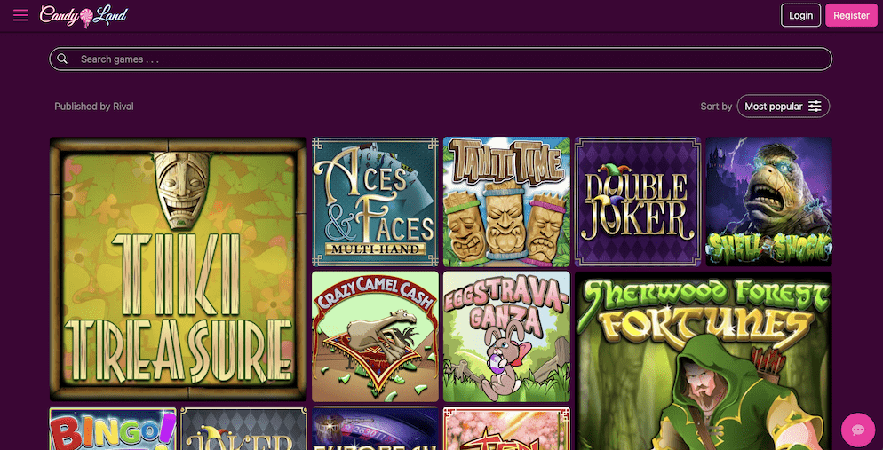 Screenshot of the Candyland Casino games lobby sorted by 'Most popular,' showing game thumbnails for Tiki Treasure, Aces & Faces, Double Joker, and Shell Shock, published by Rival Gaming.