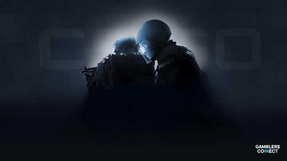 Close-up of two CSGO in-game models in police gear, set against a dark background with the game title subtly visible.