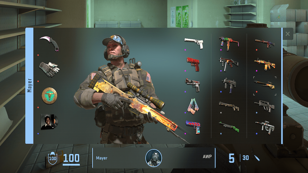 An in-game inventory screen displaying a player model and various high-value CSGO knives (like the Karambit csgo and csgo butterfly knife) and rare weapon skins.