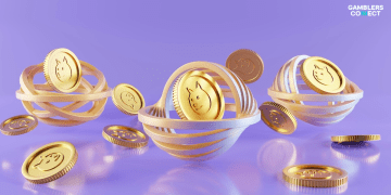A futuristic 3D render of floating gold coins featuring the Shiba Inu dog logo, surrounded by abstract digital rings and purple lighting.