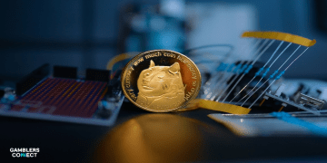 A gold Dogecoin token sitting among electronic wires and circuit boards, representing the technical infrastructure and the dogecoin future.