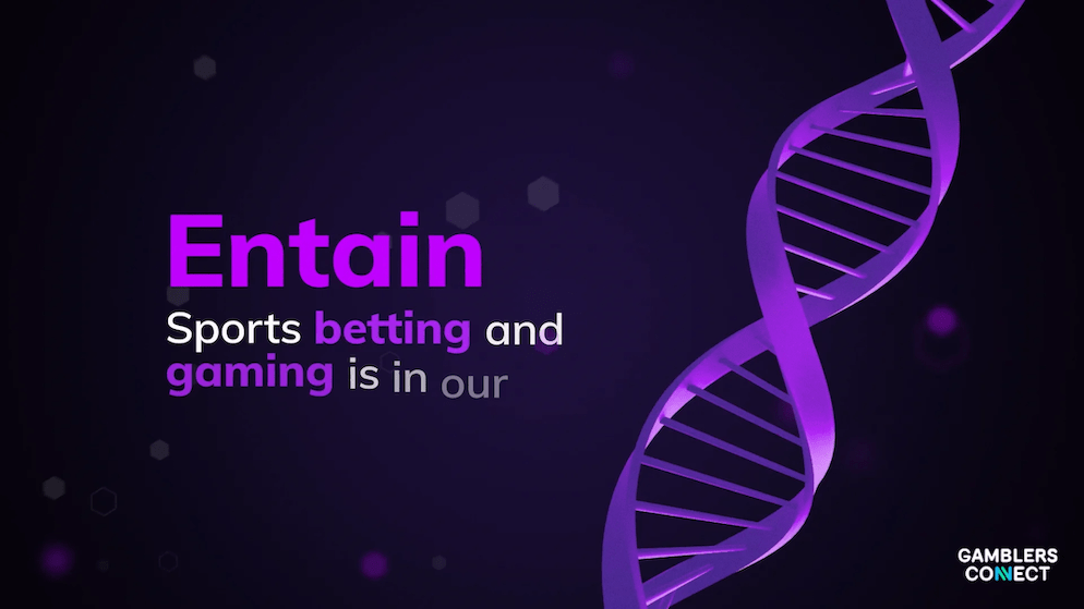 Entain's brand graphic featuring a purple DNA helix, symbolising its fundamental identity in the sports betting and gaming sector while discussing financial growth.