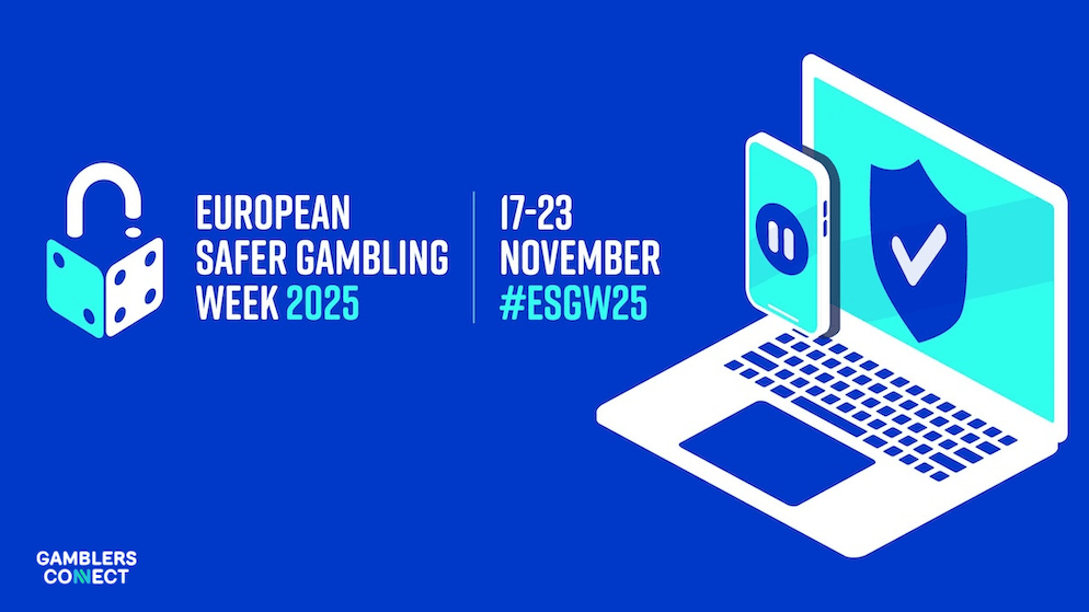 Isometric illustration showing a laptop and mobile phone with a shield and checkmark, representing online safety for European Safer Gambling Week 2025.