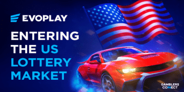 Evoplay logo alongside an American flag and a red sports car, announcing "Entering the US Lottery Market."
