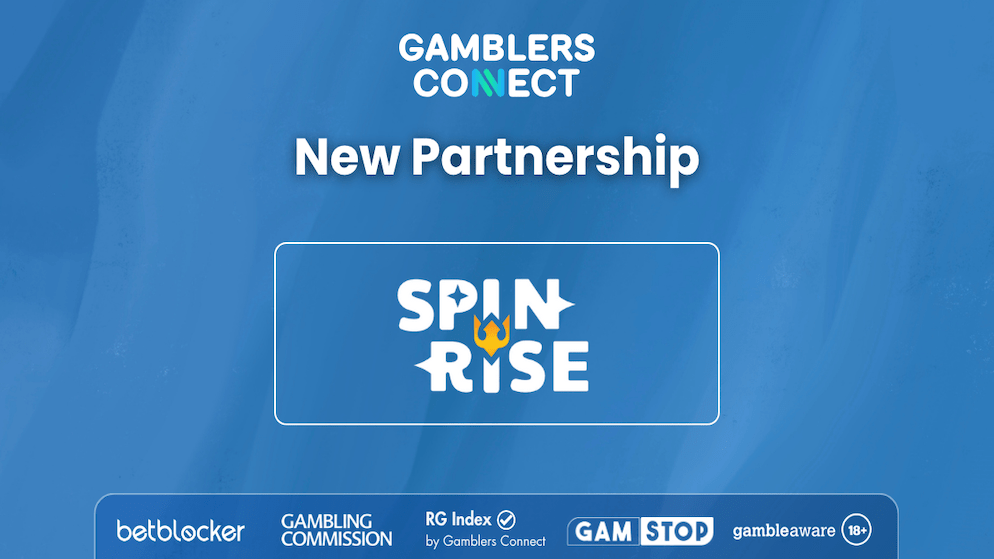 Joint logo display of Gamblers Connect and Spinrise Casino, signifying their new content partnership, with responsible gaming accreditations visible at the bottom.