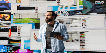 A bearded man speaking in front of a flurry of digital screens and data feeds, symbolizing an industry presenter discussing AI-driven personalization and digital gambling advertising.