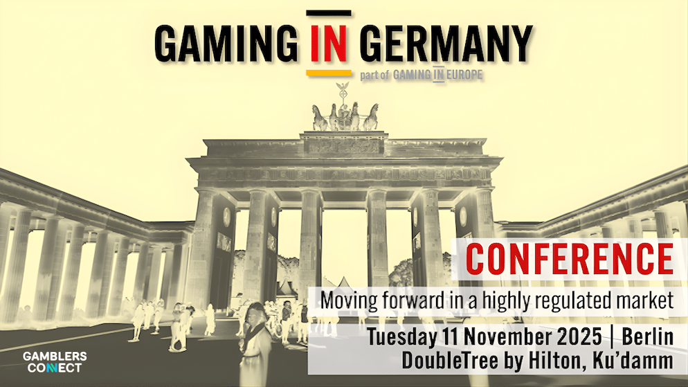 A visual representation of the Gaming in Germany Conference 2025, featuring the Brandenburg Gate and event details in Berlin.
