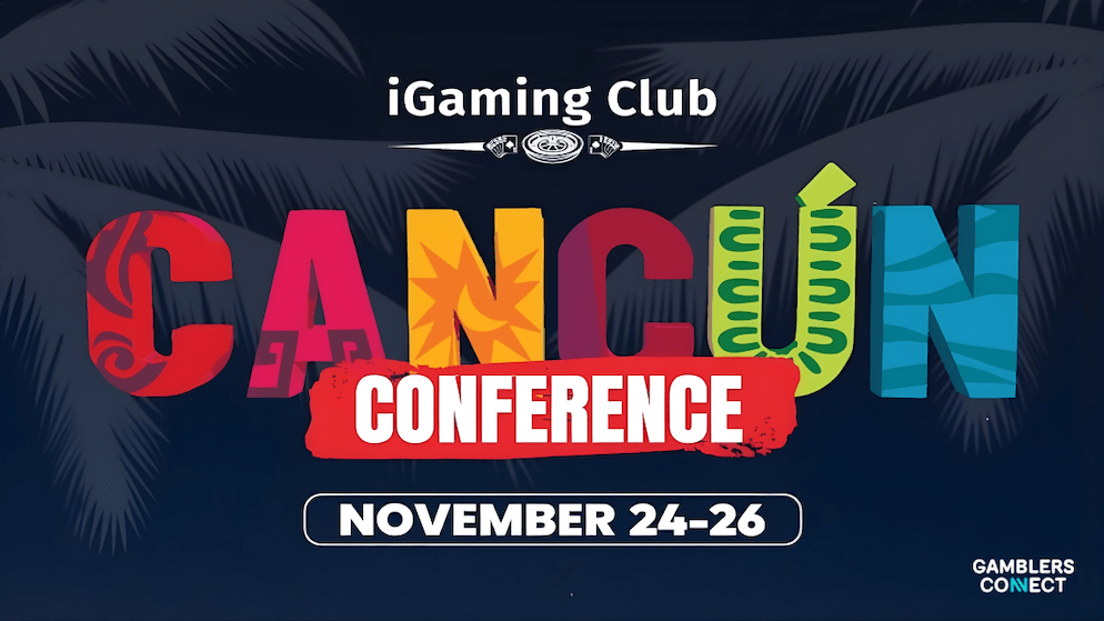 The official floor plan for iGaming Club Cancun, showing the stage, networking area, and booths for sponsors like Caliente, Evoplay, and PartnerMatrix.