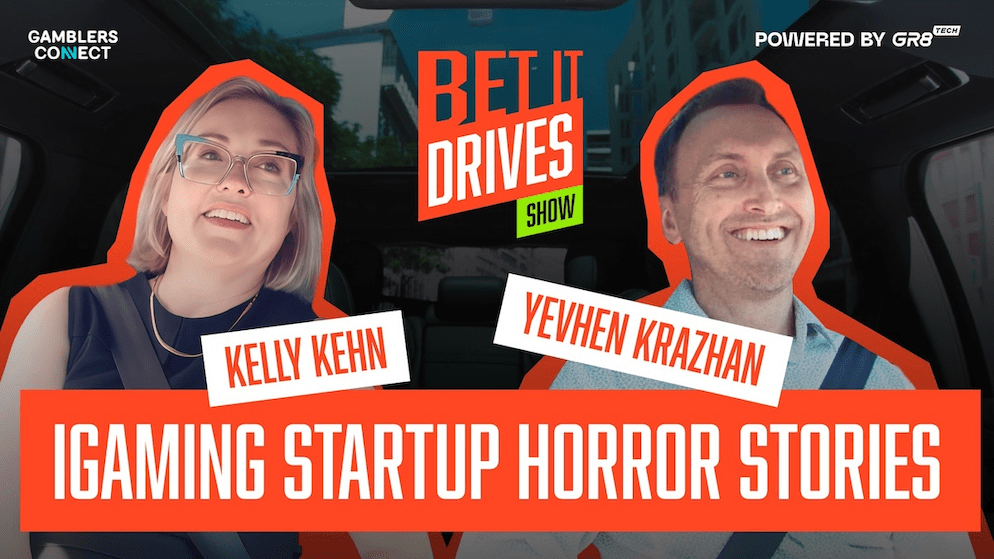 Close-up of Kelly Kehn and Yevhen Krazhan talking in a car for the Bet It Drives podcast, with the episode title "iGaming Startup Horror Stories."