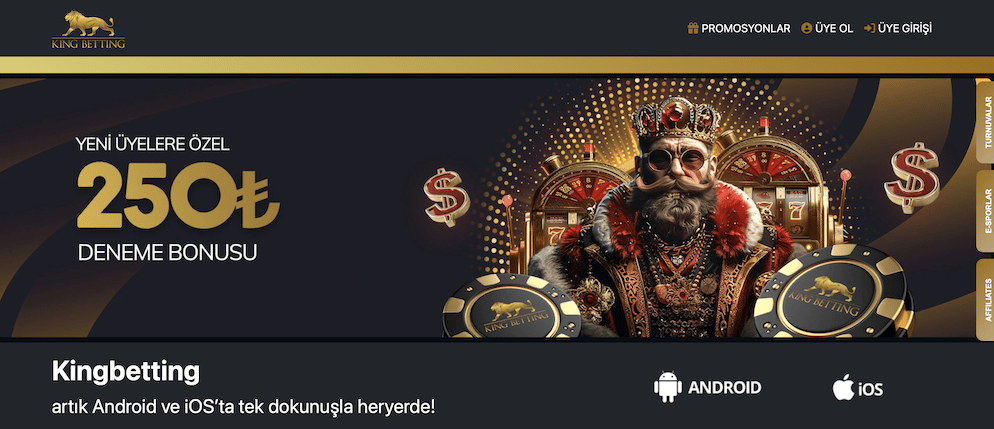 Kingbetting promotional banner featuring a crowned king character seated on a throne in a casino setting with a 250₺ welcome bonus offer, attracting new members.