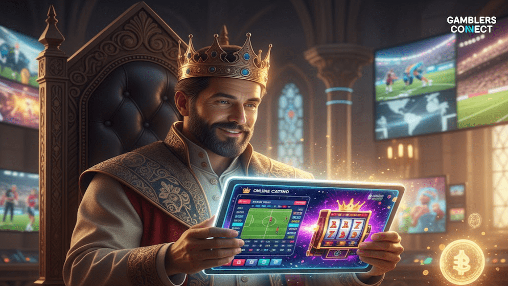 Image of a crowned, bearded king figure seated on a throne interacting with a tablet displaying a live football betting market and slot machine games, symbolizing the hybrid platform.