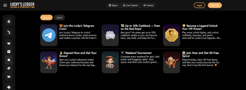 Screenshot of Lucky's Ledger Casino promotions page showing offers like Telegram Crew, Cashback, VIP Program, Welcome Bonus, and Weekend Tournament.