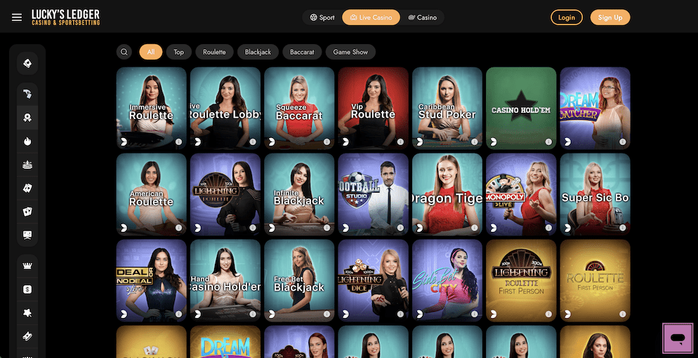 Screenshot of Lucky's Ledger Live Casino section showing multiple live dealer games like Roulette, Blackjack, and Game Shows.