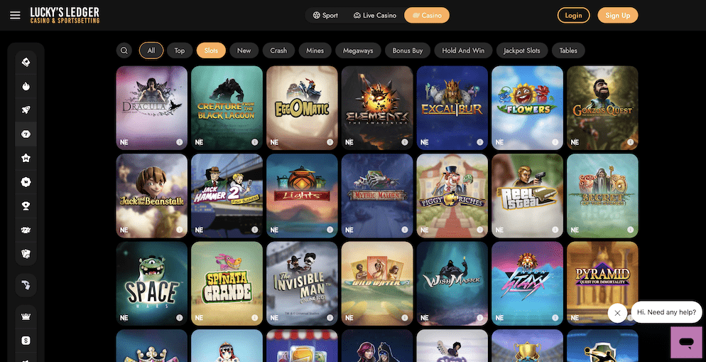 Screenshot of Lucky's Ledger Casino's extensive slots library, featuring popular titles from various providers like NetEnt.