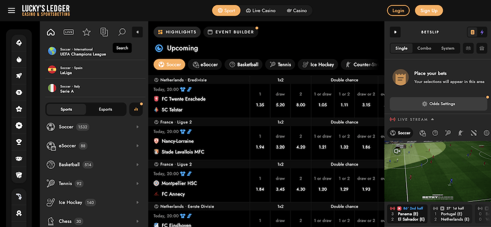 Screenshot of Lucky's Ledger Sportsbook displaying upcoming soccer matches, live odds, and the betting interface.