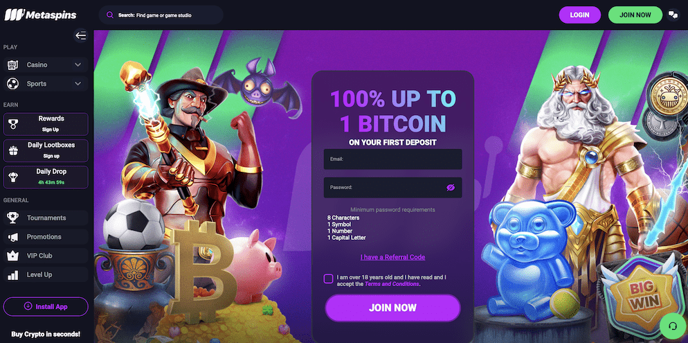 A screenshot of the Metaspins Casino homepage featuring the 'Level Up' banner and Web3 crypto integration.