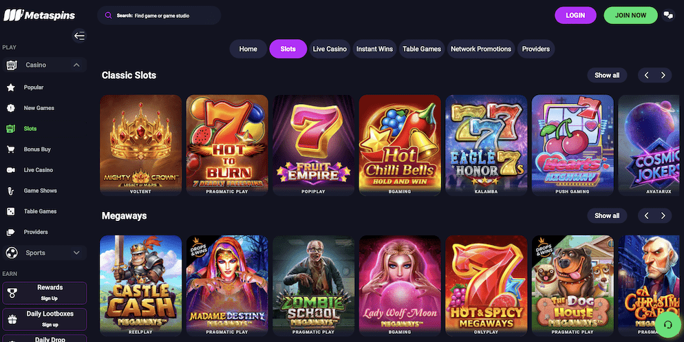 A view of the extensive slot game catalog at Metaspins, showing various themes and providers.