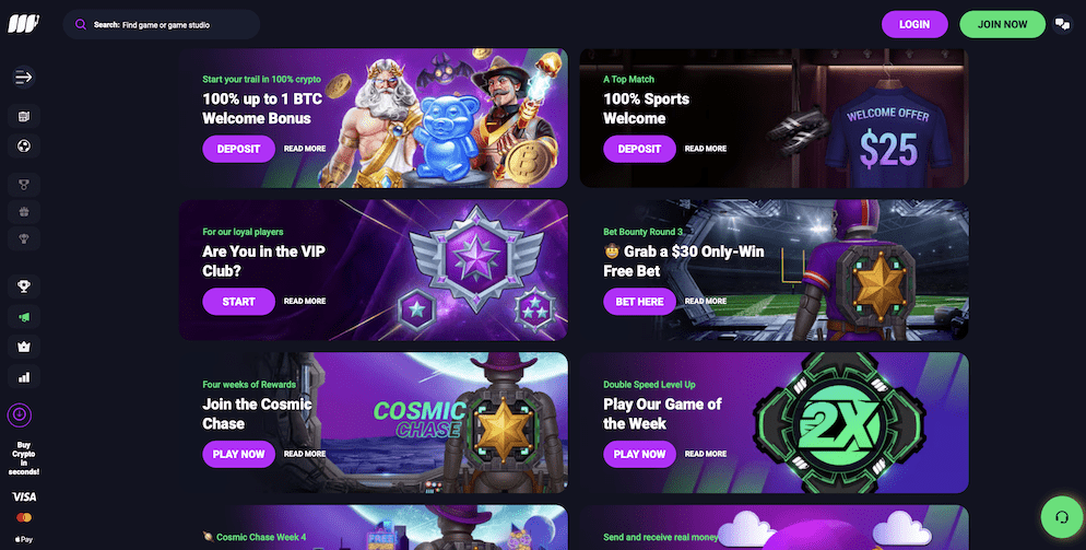 A graphic illustrating the 100% up to 1 BTC welcome bonus available for new players.