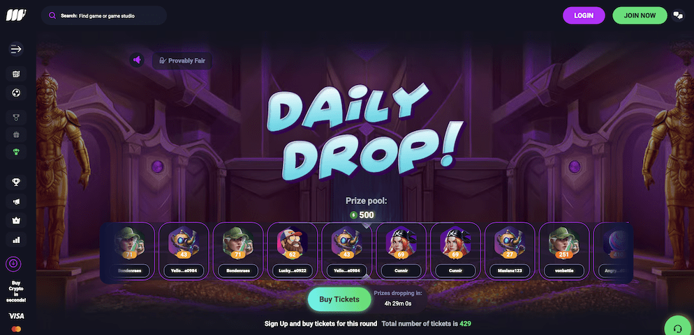 A promotional graphic showing a glowing lootbox and crypto coins representing the daily rewards at Metaspins.