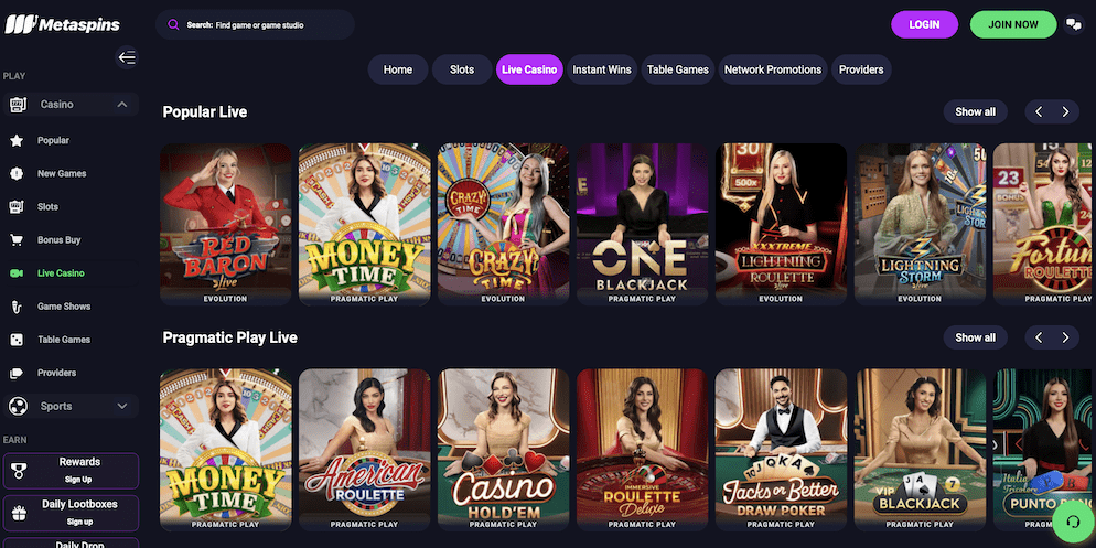 A promotional banner displaying live blackjack and roulette tables with real dealers.