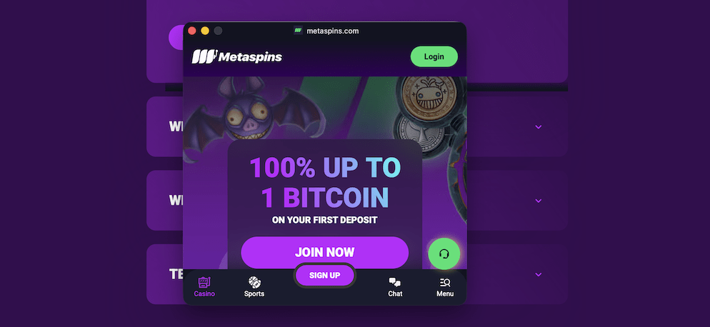 A smartphone displaying the Metaspins mobile interface with a slot game in action.