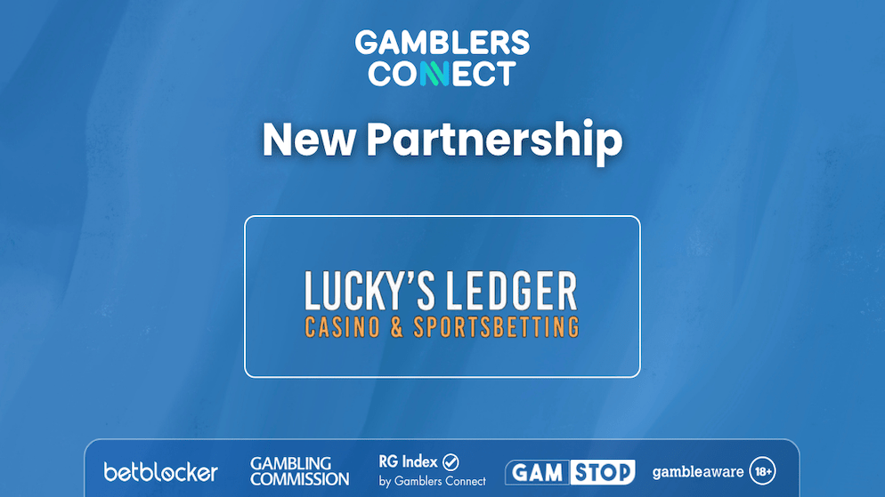 A blue announcement banner showing the logos of "Gamblers Connect" and "LUCKY'S LEDGER CASINO & SPORTSBETTING" with the text "New Partnership."