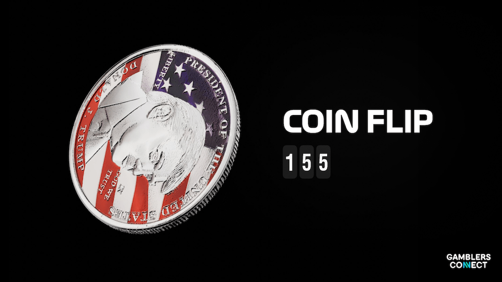 A close-up view of the custom silver coin featuring Donald Trump used in the new 155.io live game, Coin Flip.