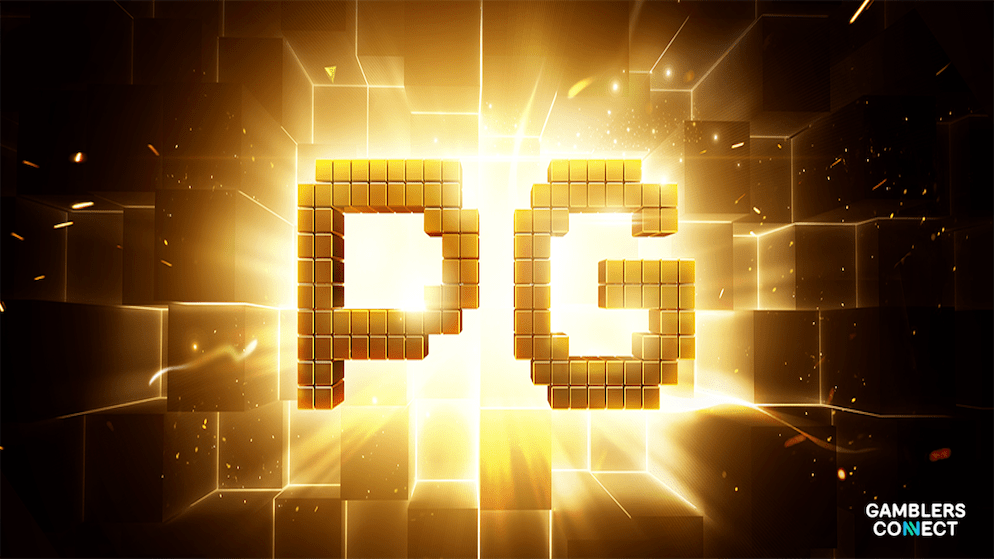 A creative 3D render of the PG Soft logo in gold blocks, representing the brand's premium mobile gaming identity.