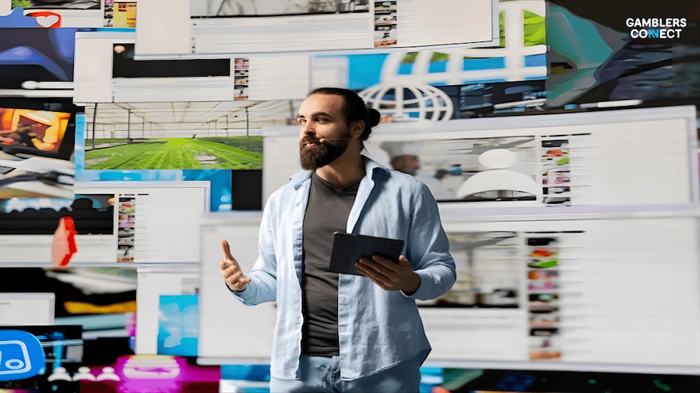 Man holding a tablet and gesturing, surrounded by floating screens showing data, representing the shift to highly targeted, data-driven digital gambling campaigns.