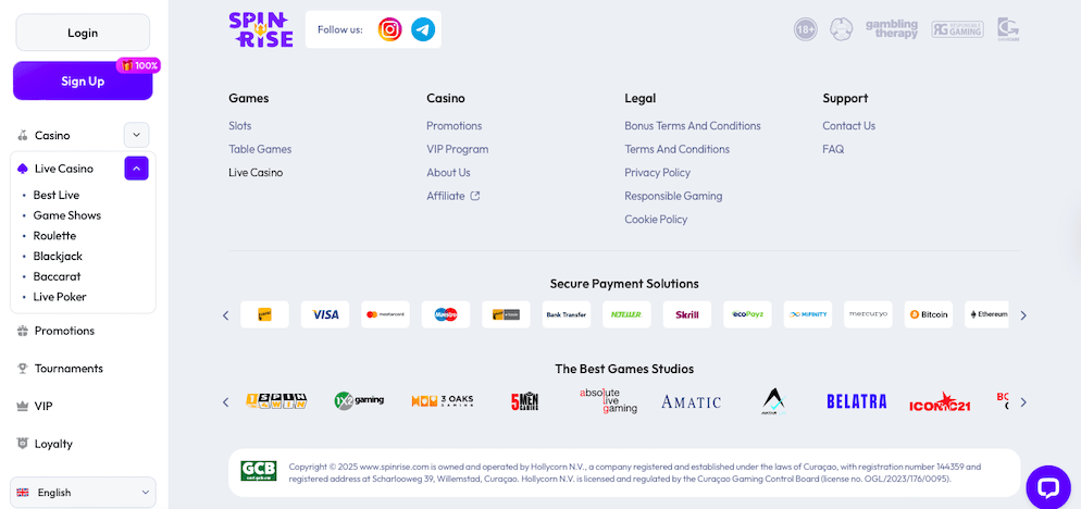 The footer section of the Spinrise site showing the Curacao license information, Hollycorn N.V. operator details, and logos for payment methods like Visa, Crypto, Skrill, and Neteller.